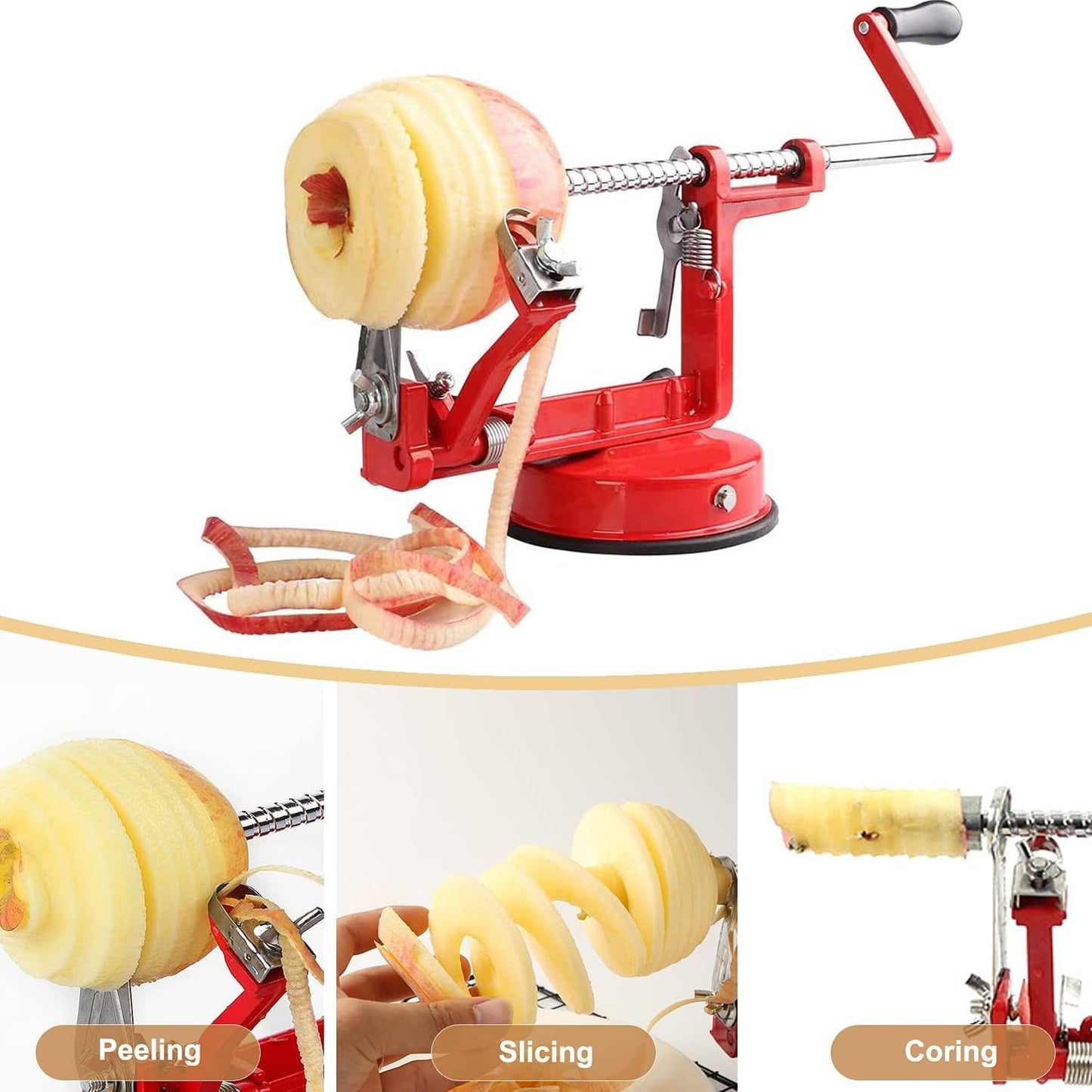 Apple Peeler, Slicer Corer Potato Peelers 3 In 1, Stainless Steel Heavy Duty with Suction Cup Base And 3 Extra Blades (Red)